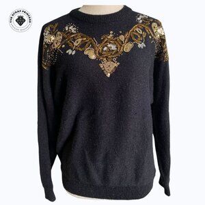 Vintage 1980s Alfred Dunner Black Beaded Jewel Sweater – Petite M